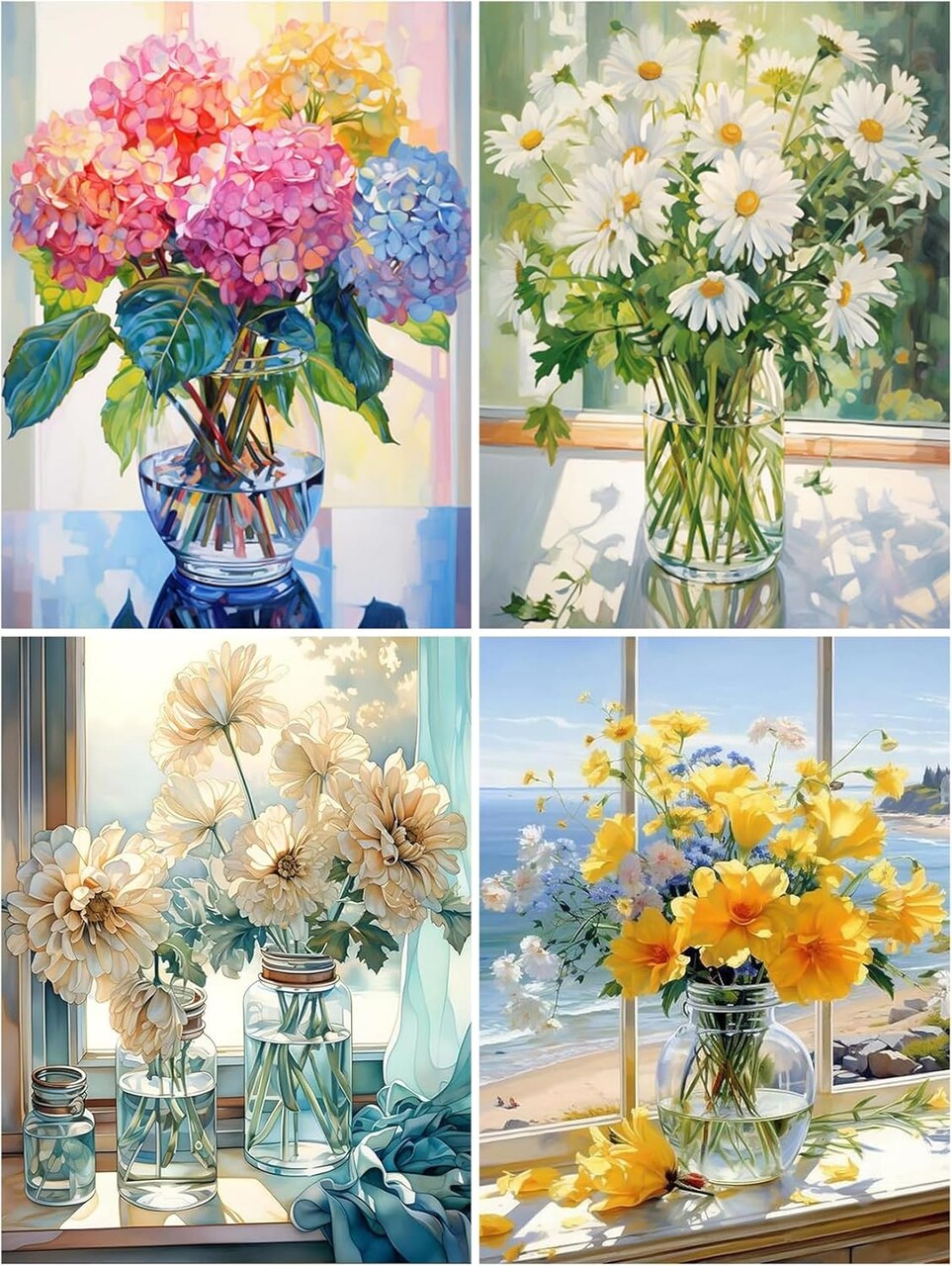 4 Pack Paint by Numbers for Adults & Beginners – Easy Flower Canvas Painting Kits for Home Wall Decor, 12x16 Inch Each